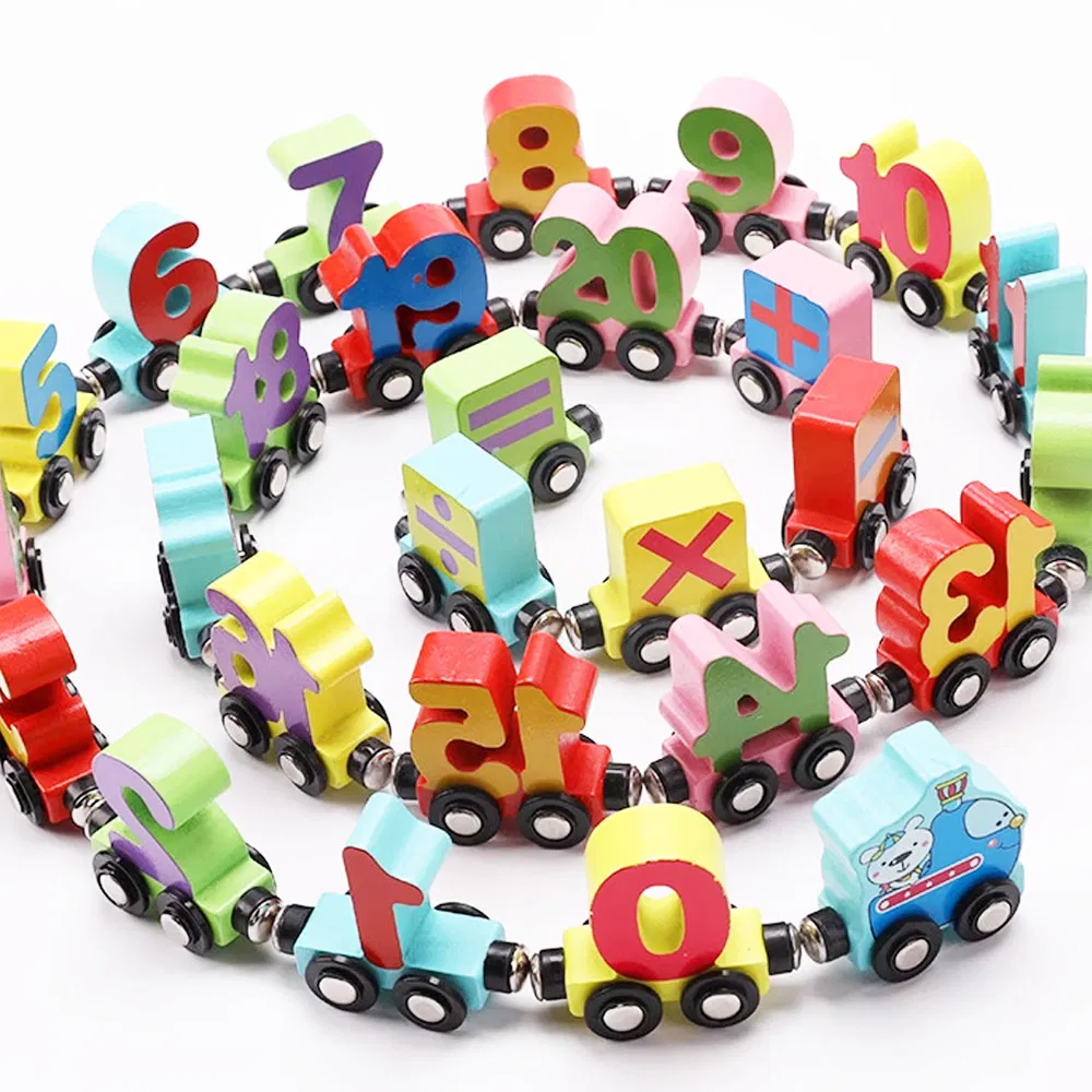 Trenulet din lemn cu Vagoane Magnetice, Numere, 27 piese, multicolor [6]