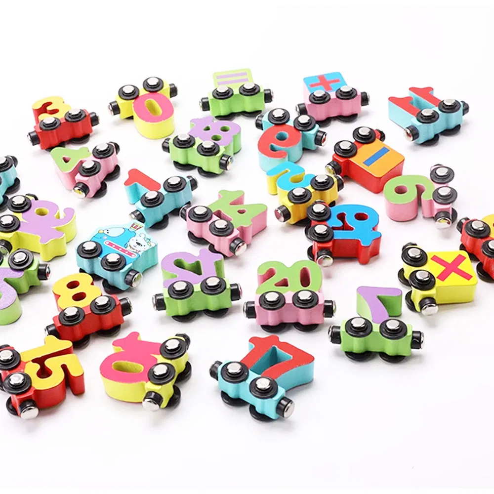 Trenulet din lemn cu Vagoane Magnetice, Numere, 27 piese, multicolor [5]