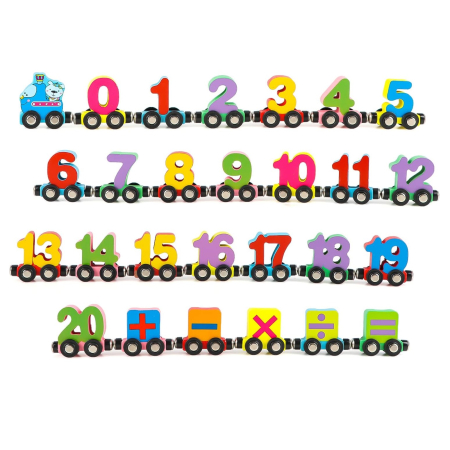 Jucarii Montessori din lemn - Trenulet din lemn cu Vagoane Magnetice, Numere, 27 piese, multicolor