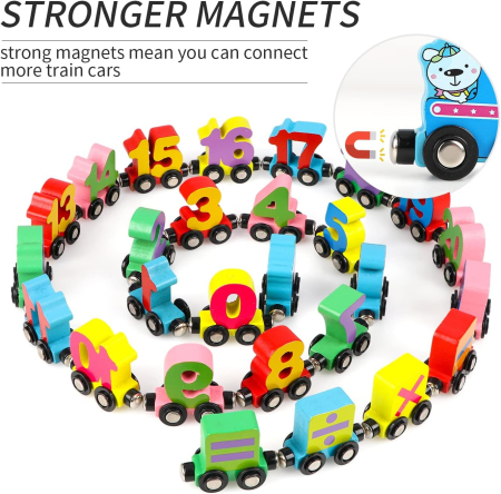 Trenulet din lemn cu Vagoane Magnetice, Numere, 27 piese, multicolor [3]