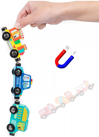 Trenulet din lemn cu Vagoane Magnetice Vehicule si Semne de Circulatie, multicolor [5]