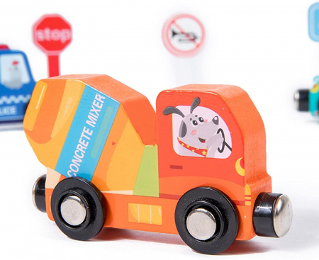 Trenulet din lemn cu Vagoane Magnetice Vehicule si Semne de Circulatie, multicolor [6]