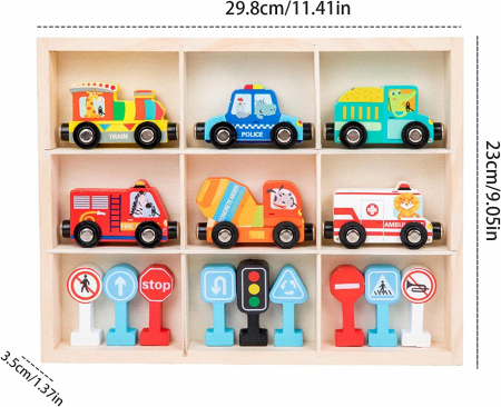 Trenulet din lemn cu Vagoane Magnetice Vehicule si Semne de Circulatie, multicolor [7]