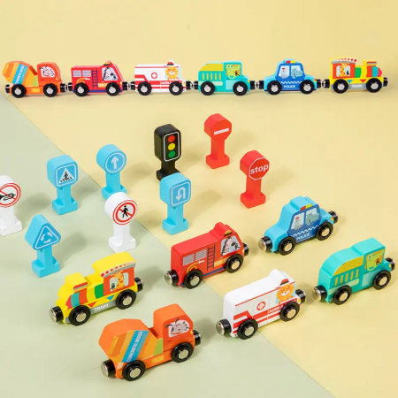Trenulet din lemn cu Vagoane Magnetice Vehicule si Semne de Circulatie, multicolor [4]