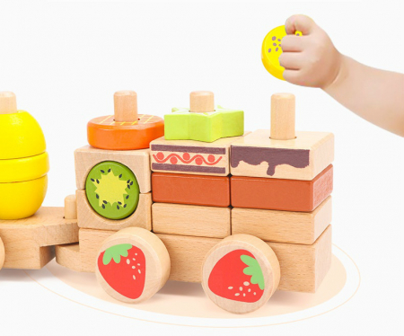 Trenulet Montessori din lemn stivuire cuburi cu fructe, multicolor [3]