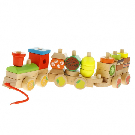 Trenulet Montessori din lemn stivuire cuburi cu fructe, multicolor
