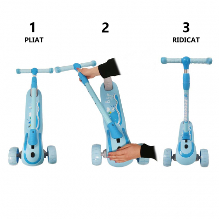 Trotineta copii reglabila cu 3 roti late, lumini LED si muzica, 3-8 ani, albastru [3]