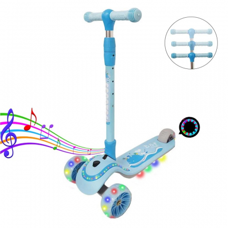 Trotineta copii reglabila cu 3 roti late, lumini LED si muzica, 3-8 ani, albastru [0]