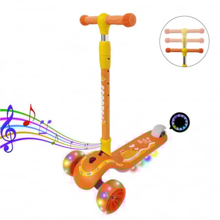 Trotineta copii reglabila cu 3 roti late, lumini LED si muzica, 3-8 ani, portocaliu [0]