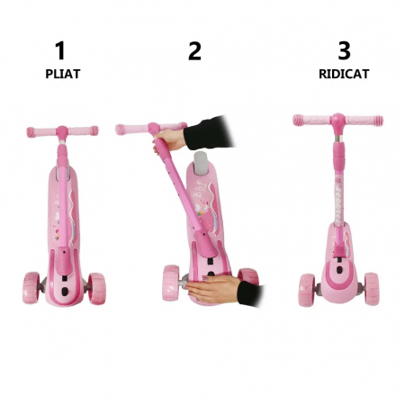 Trotineta copii reglabila cu 3 roti late, lumini LED si muzica, 3-8 ani, roz [4]