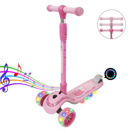 Trotineta copii reglabila cu 3 roti late, lumini LED si muzica, 3-8 ani, roz [0]