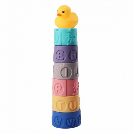 Jucarii bebe - Turn din Cuburi de silicon pentru bebelusi Castel cu Ratusca, 7 piese, multicolor