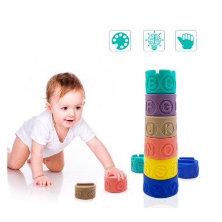 Turn din Cuburi de silicon pentru bebelusi Castel cu Ratusca, 7 piese, multicolor [1]