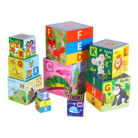 Jocuri de constructie - Turn Montessori din lemn 10 cuburi Alfabet si Animale, multicolor