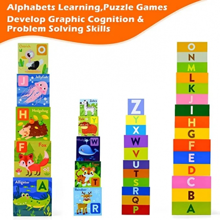 Turn Montessori din lemn 10 cuburi Alfabet si Animale, multicolor [5]