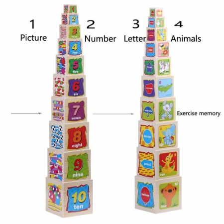 Turn Montessori din lemn 10 cuburi Cifre si Animale [5]