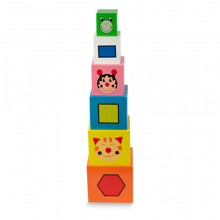 Turn Montessori din lemn 6 cuburi Animale, Cifre si Forme Geometrice, multicolor [1]
