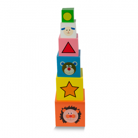 Turn Montessori din lemn 6 cuburi Animale, Cifre si Forme Geometrice, multicolor [2]