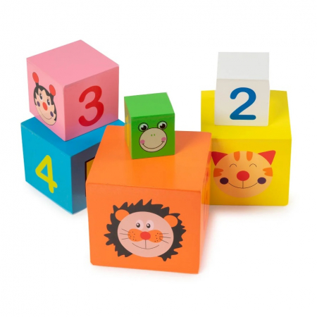 Turn Montessori din lemn 6 cuburi Animale, Cifre si Forme Geometrice, multicolor [0]