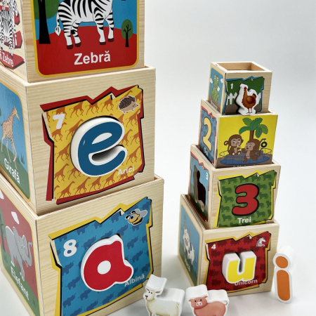 Turn Montessori in limba Romana din lemn cu 8 cuburi Cifre si Animale, multicolor [5]