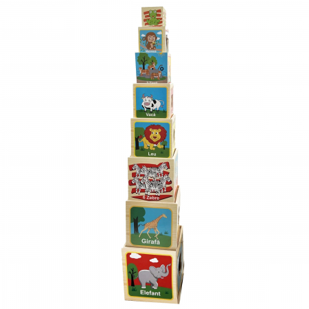 Turn Montessori in limba Romana din lemn cu 8 cuburi Cifre si Animale, multicolor [1]