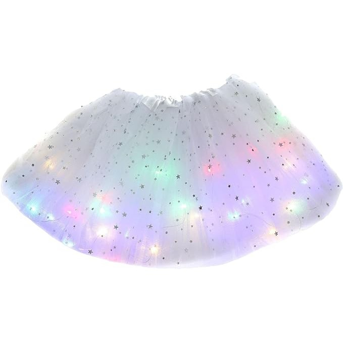 Fusta LED pentru Copii, Tutu Fetite cu Luminite Multicolore Incorporate, Model Stelute, 30 cm Lungime, Alb [1]