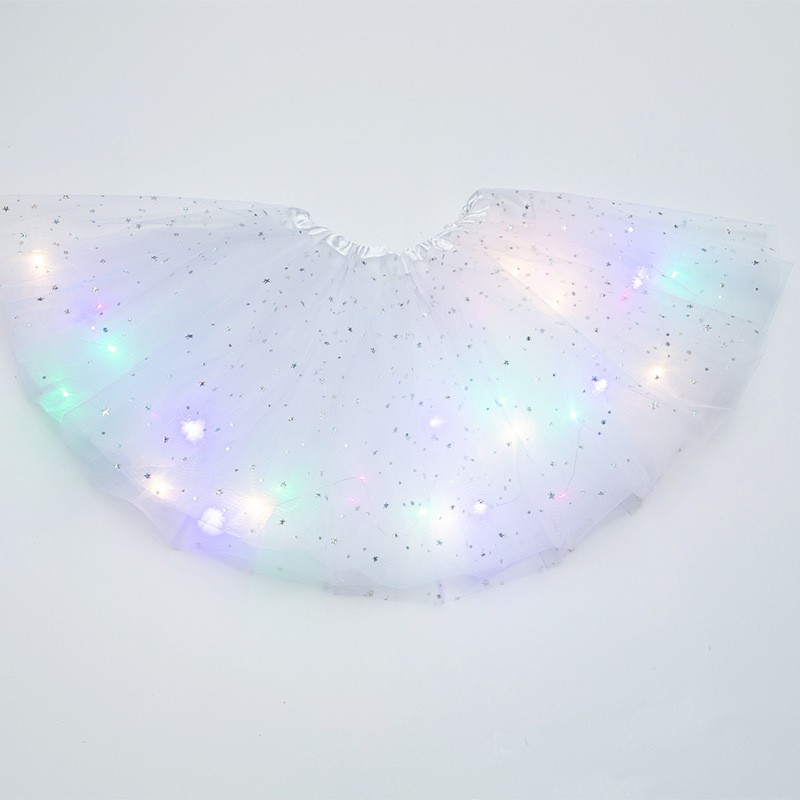 Fusta LED pentru Copii, Tutu Fetite cu Luminite Multicolore Incorporate, Model Stelute, 30 cm Lungime, Alb [2]