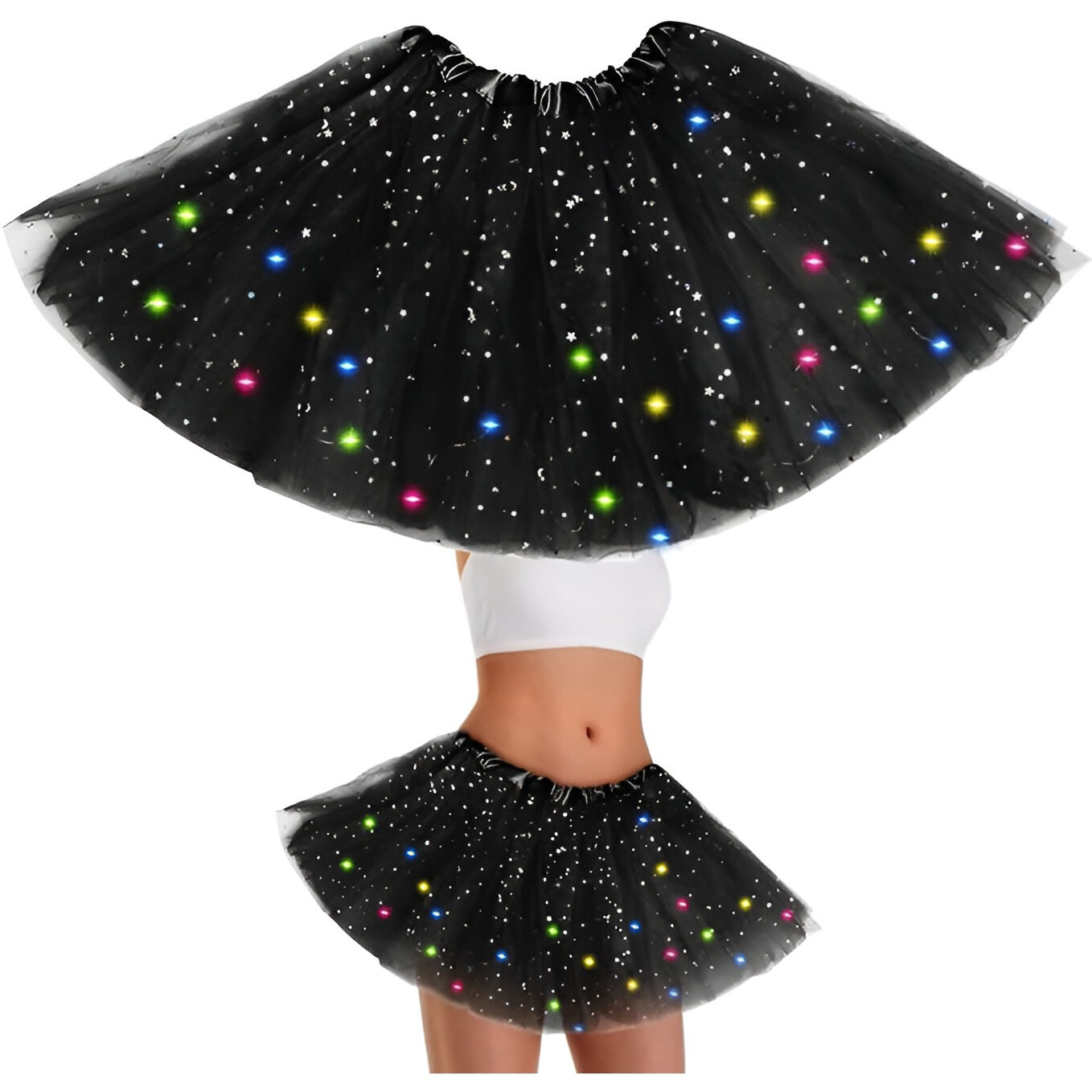Fusta LED pentru Copii, Tutu pentru Fetite cu Luminite Multicolore Incorporate, Model Stelute, 30 cm Lungime, Negru [3]