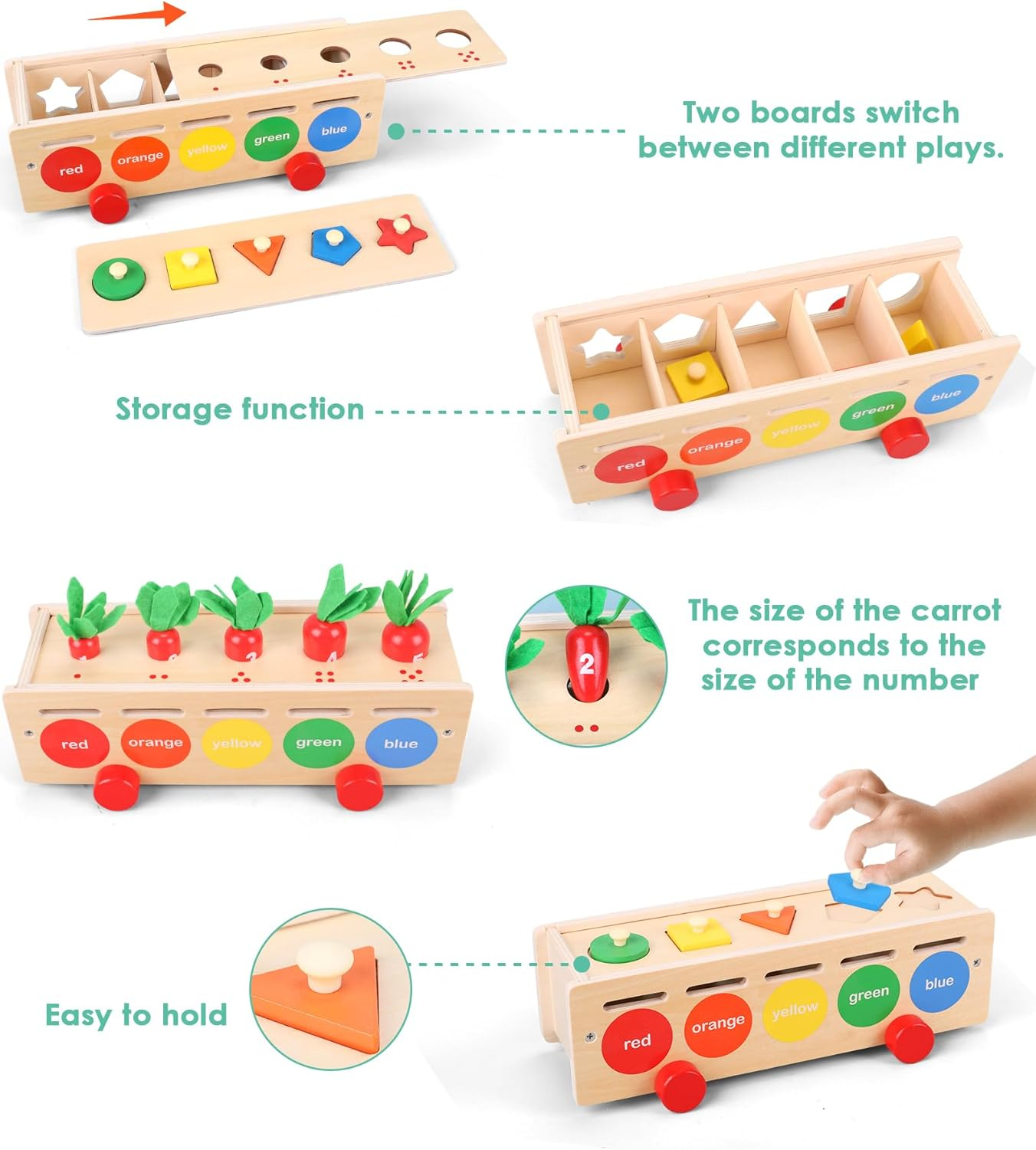 Joc educativ Montessori 3 in 1 cu Morcovi, indemanare si sortare, multicolor [6]