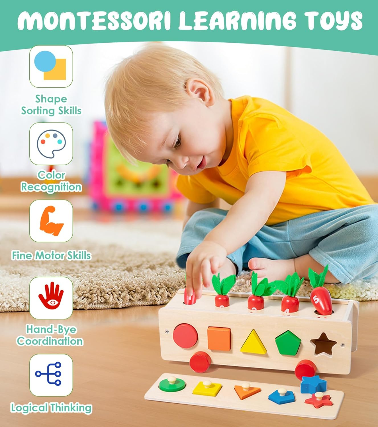 Joc educativ Montessori 3 in 1 cu Morcovi, indemanare si sortare, multicolor [4]