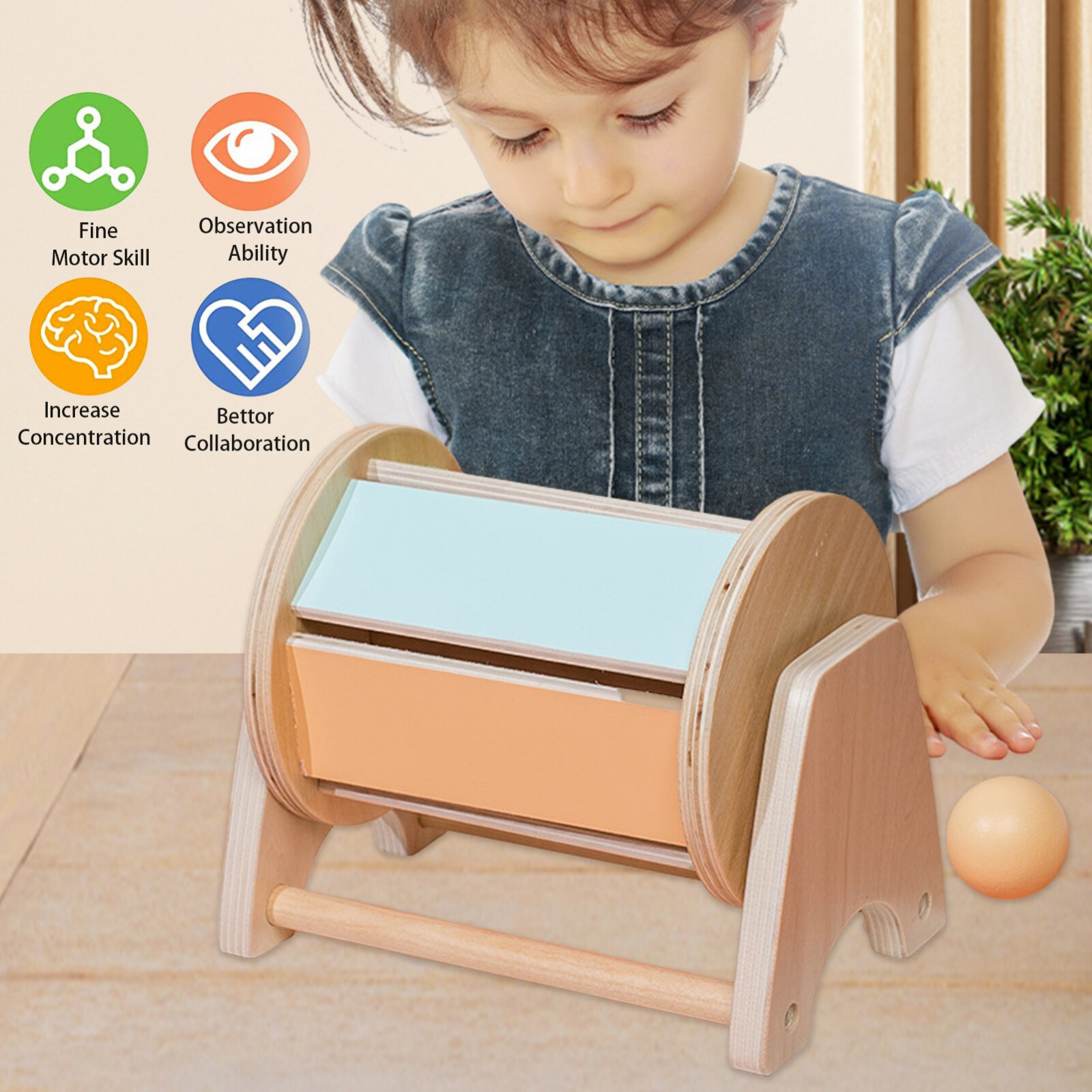 Joc educativ Montessori Tambur Pastel cu clopotei, multicolor [4]