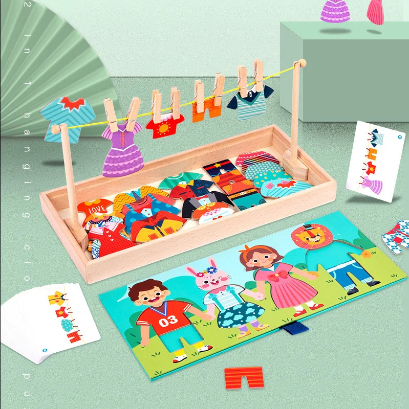 Joc Montessori din lemn 2 in 1, Imbraca Familia si usuca hainele, multicolor [6]