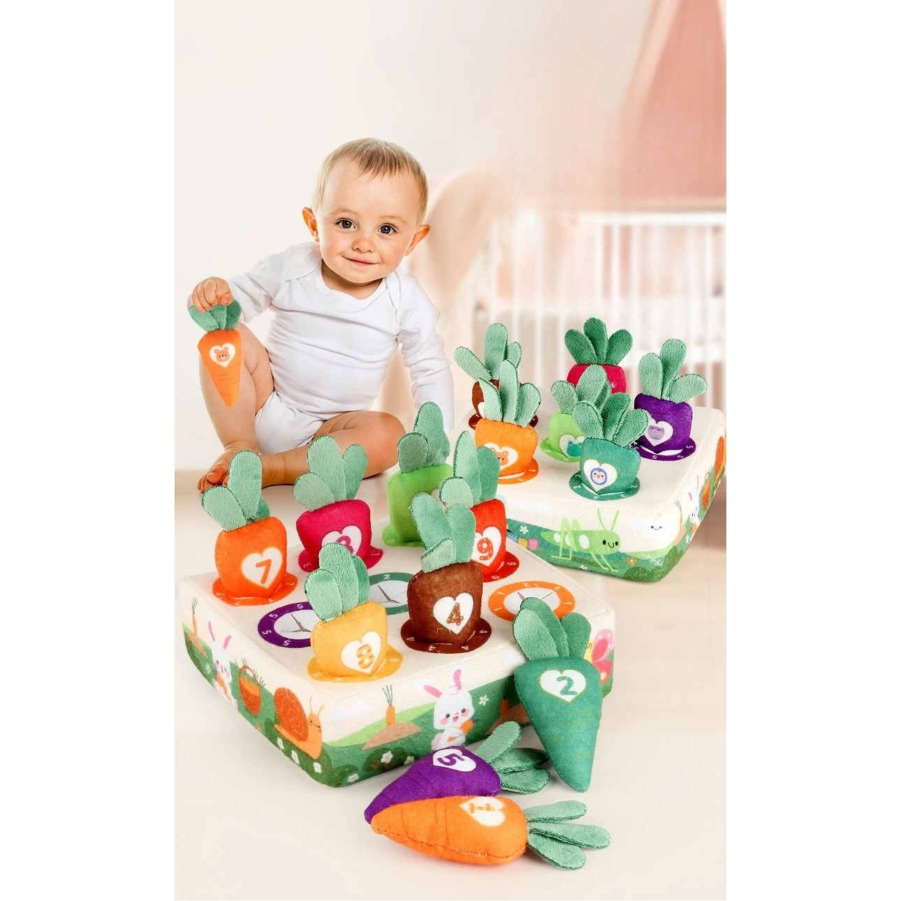 Jucarie Interactiva Montessori de Sortat pe Culori, 9 Morcovi si Suport, multicolor [7]