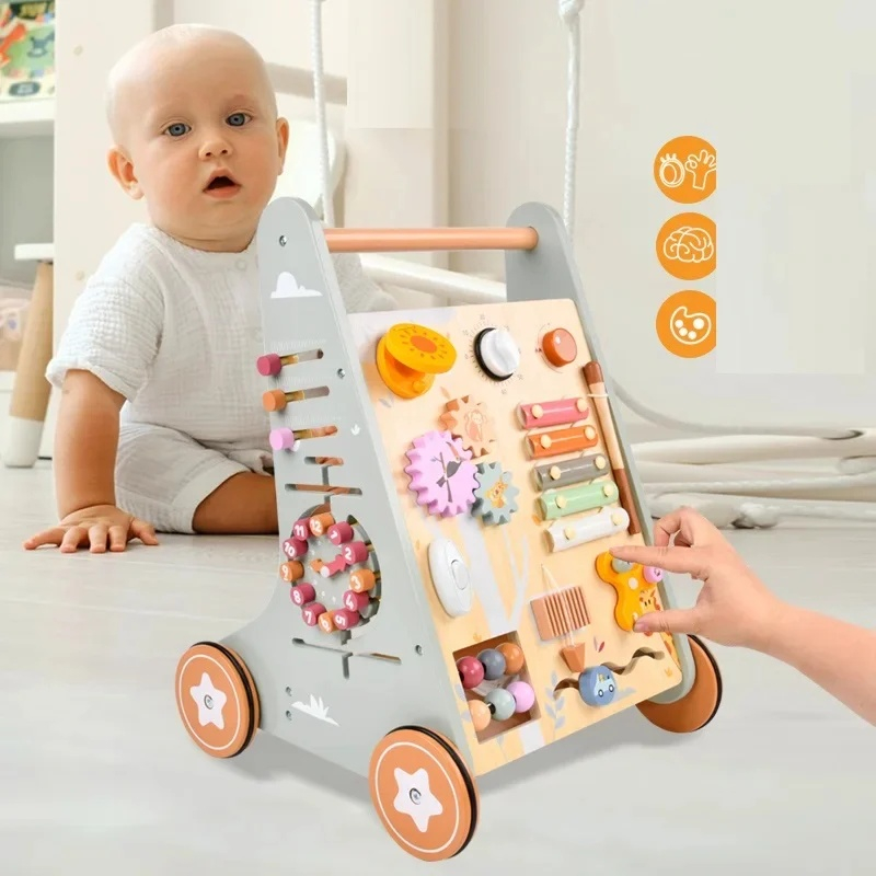Premergator Educational si Interactiv 2 in 1 din Lemn Natural cu Activitati si Spatiu Depozitare, multicolor [5]