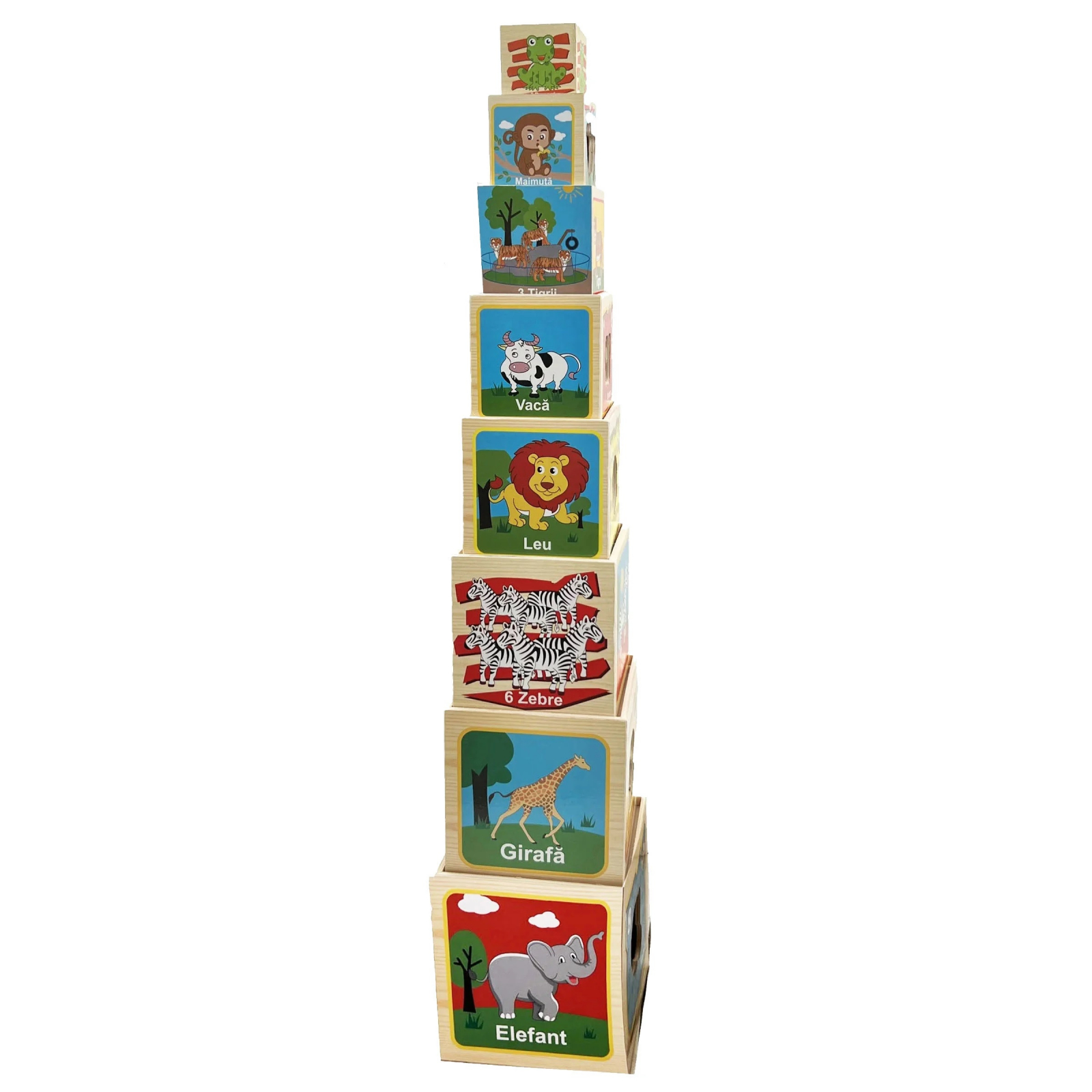 Turn Montessori in limba Romana din lemn cu 8 cuburi Cifre si Animale, multicolor [2]