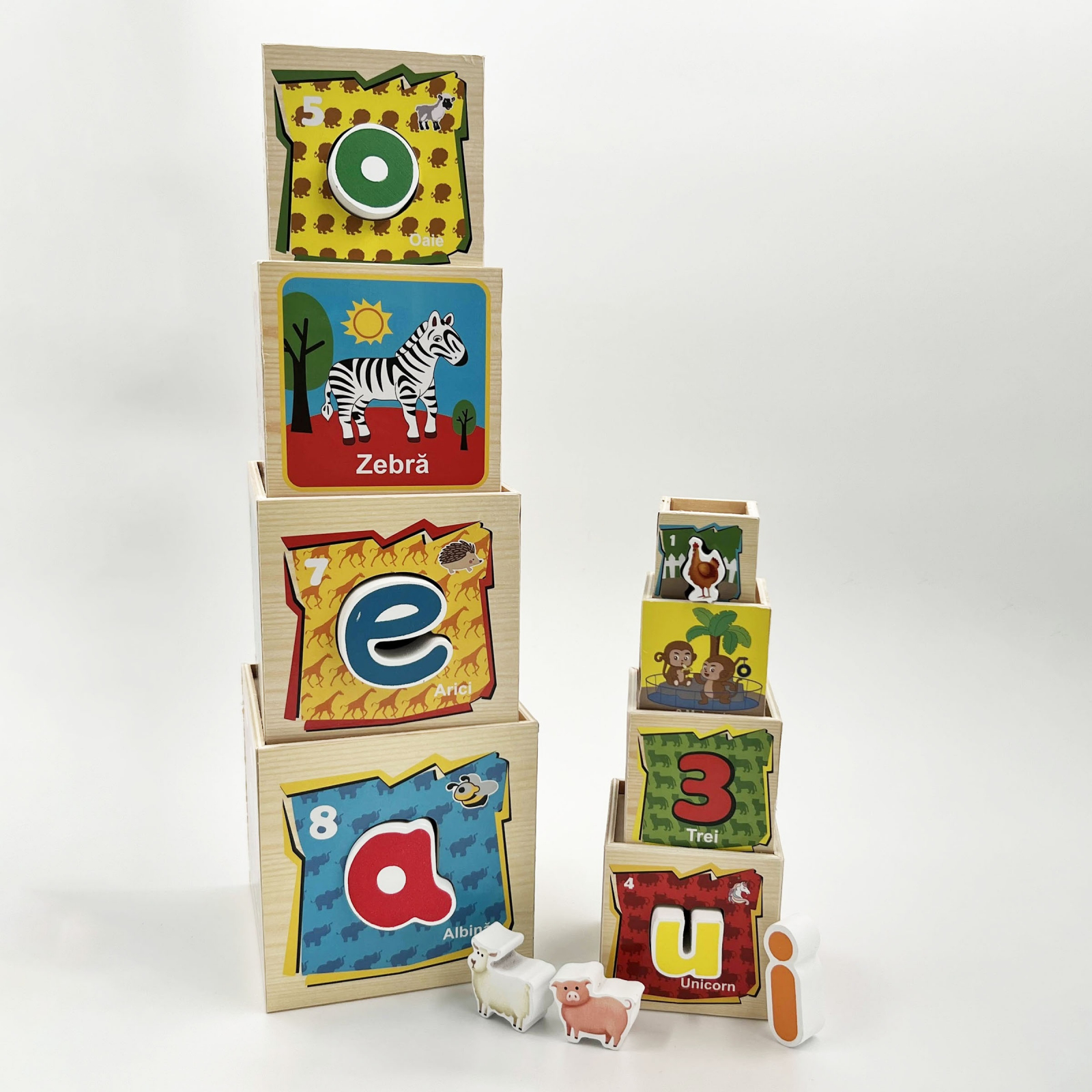 Turn Montessori in limba Romana din lemn cu 8 cuburi Cifre si Animale, multicolor [3]