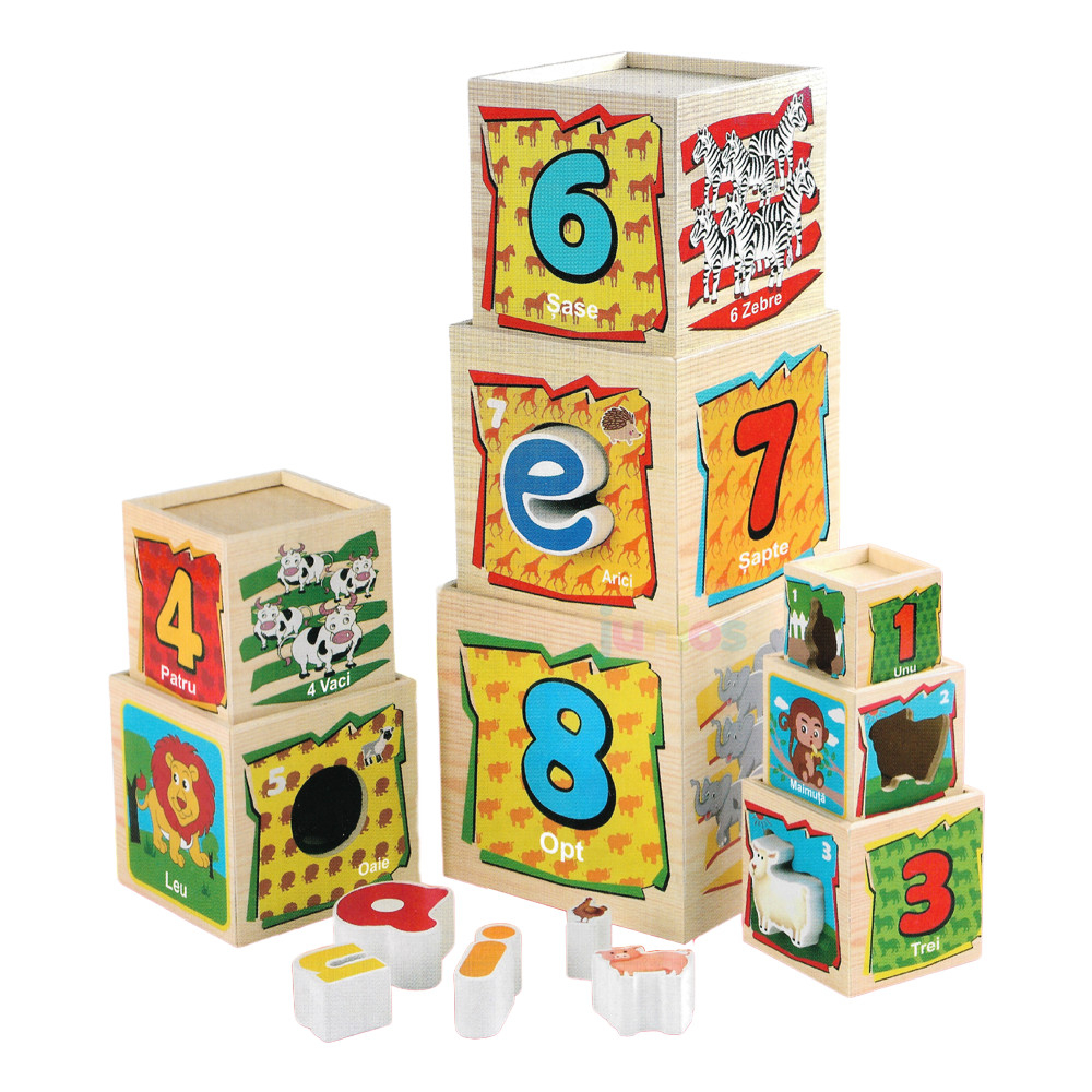 Turn Montessori in limba Romana din lemn cu 8 cuburi Cifre si Animale, multicolor [1]