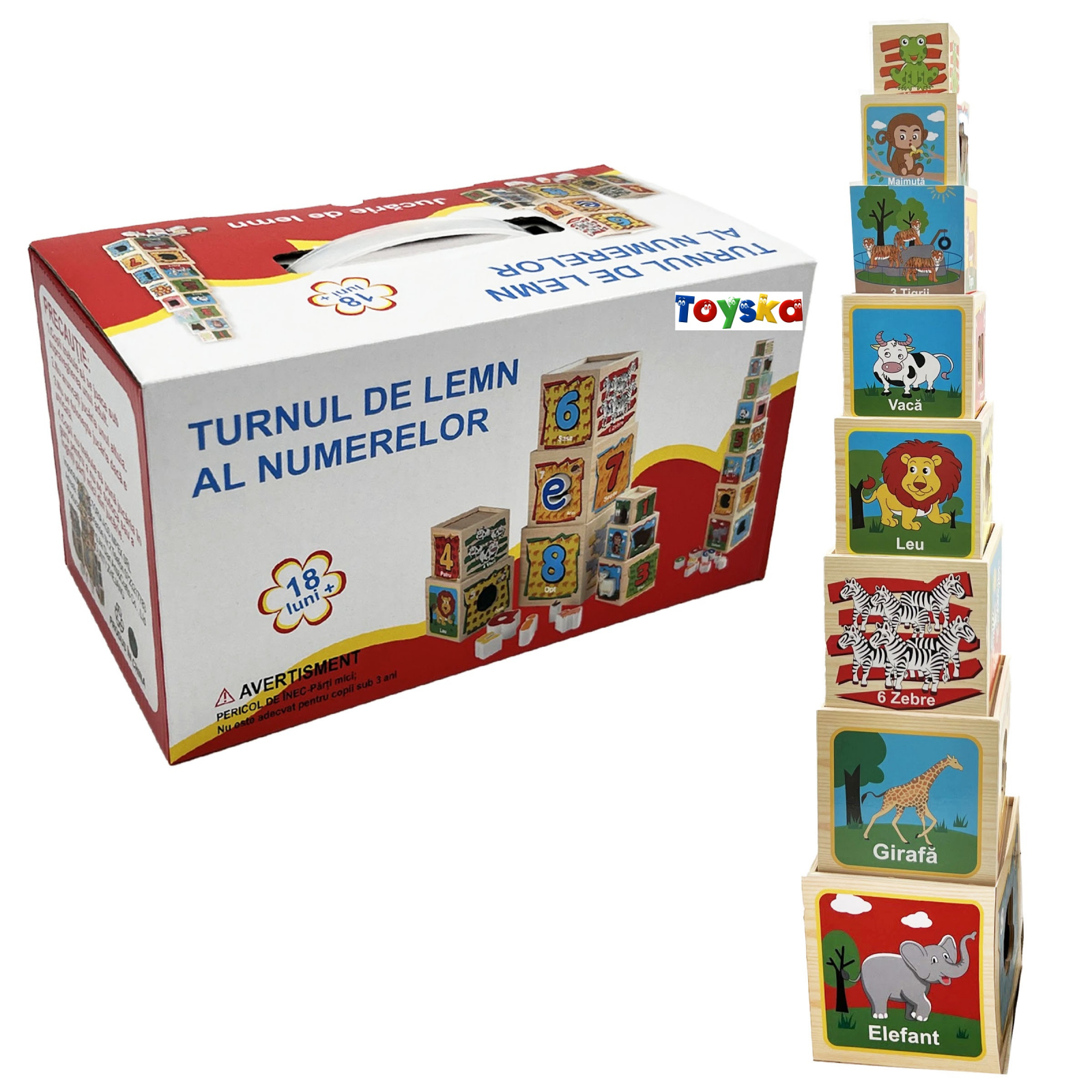 Turn Montessori in limba Romana din lemn cu 8 cuburi Cifre si Animale, multicolor [5]