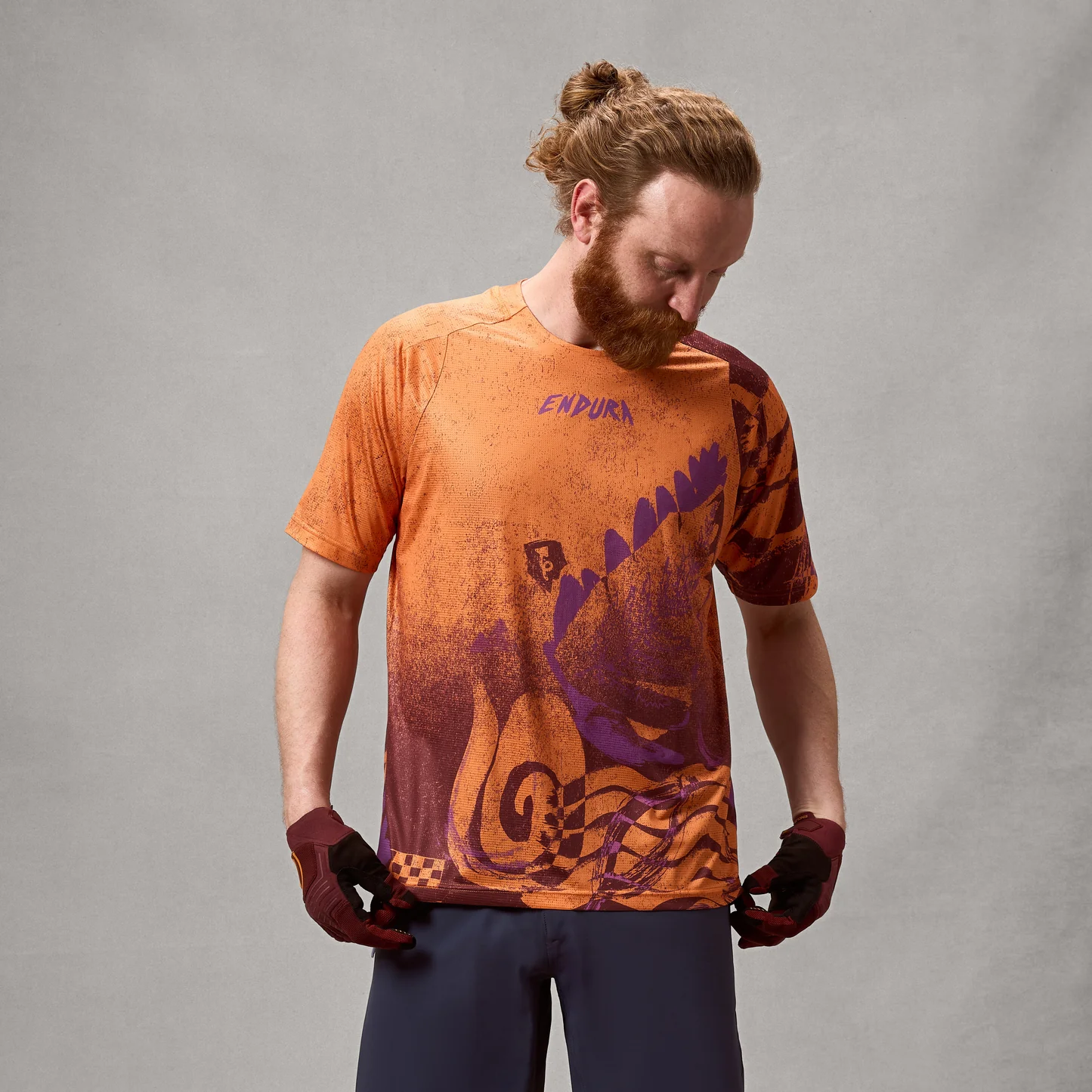 Tricouri ciclism - Bluza pentru barbati ENDURA SINGLETRACK L/S PRINT - END ORANGE