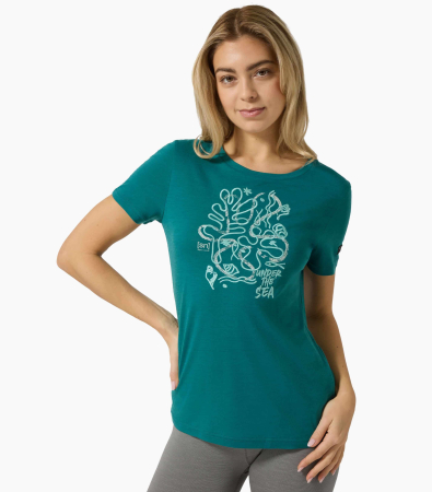 Tricouri drumetie - Tricou dama cu merino SN-SUPERNATURAL - W UNDER THE SEA TEE - Pacific/White Stone/Lagoon Green