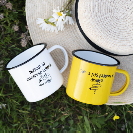 Cana HOINAR galbena, emailata, 330 ml cu mesaj in limba romana [2]