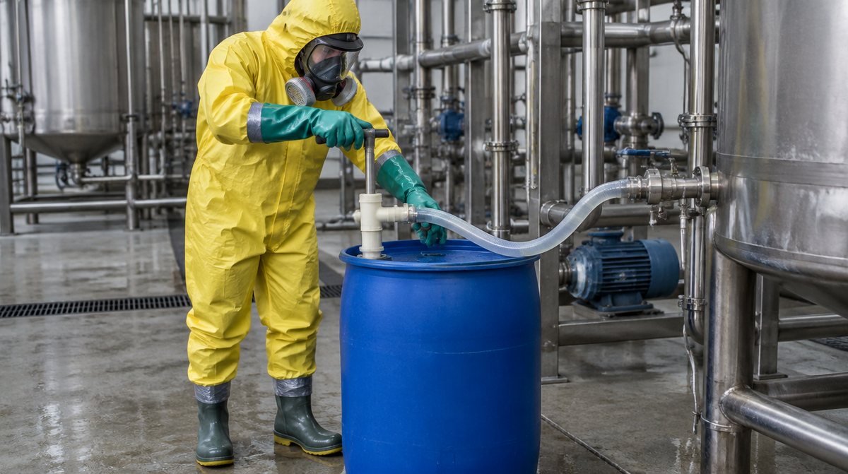 Lucrător în costum antichimic galben cu glugă, mănuși lungi, cizme și mască integrală, la transvazarea unui lichid dintr-un butoi