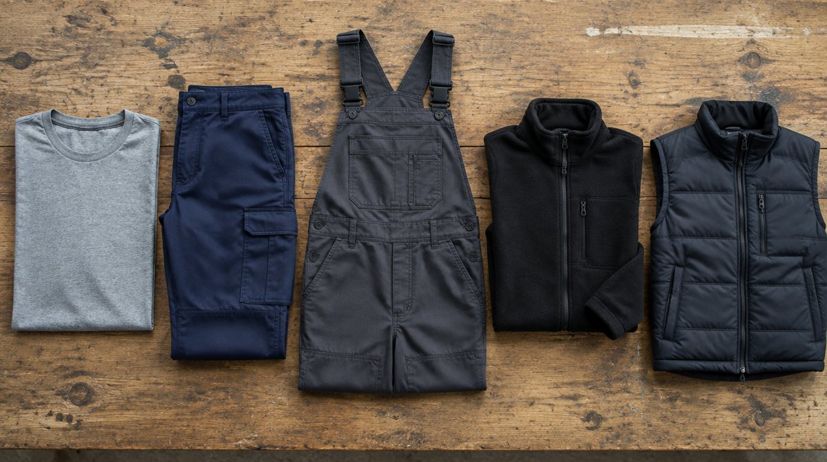Haine de lucru așezate pe banc: tricou din bumbac, pantaloni de lucru, pantaloni cu pieptar, jachetă fleece și vestă căptușită