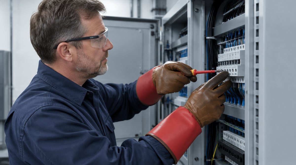 Electrician cu mănuși electroizolante și mănuși de protecție din piele, la un tablou electric