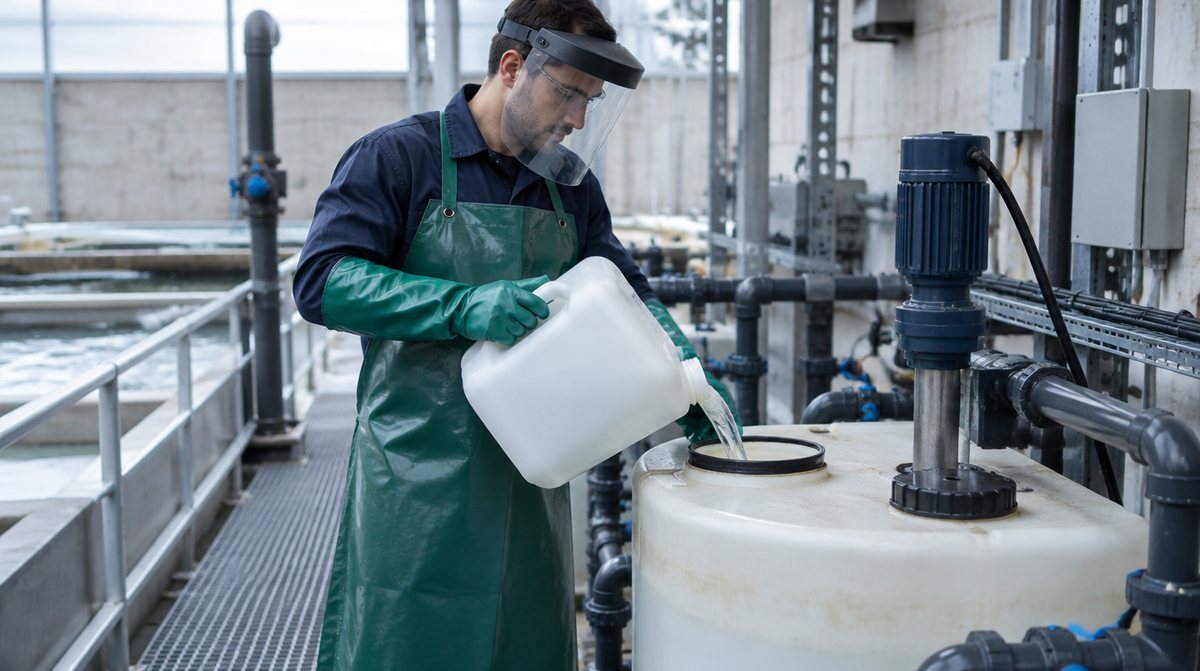 Tehnician cu șorț antichimic din PVC, mănuși lungi și vizieră, la dozarea unui lichid într-o stație de tratare a apei