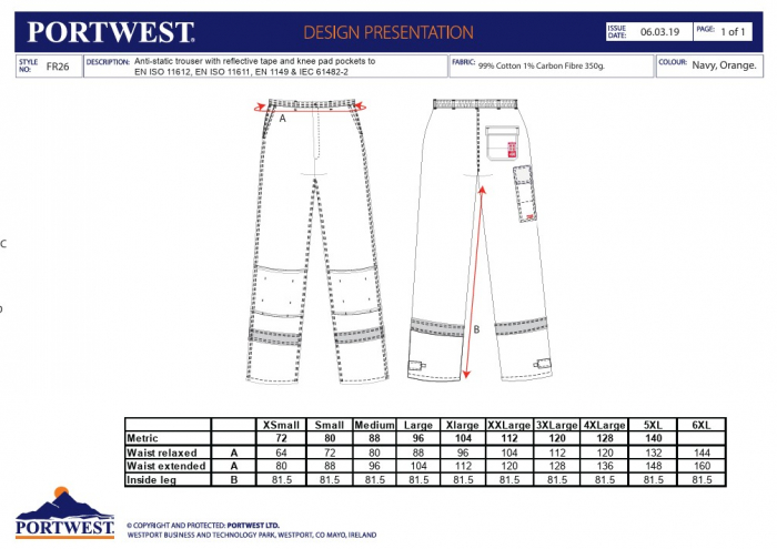 PORTWEST BIZFLAME FR26, Pantaloni ignifugi pentru sudură, antistatici (ESD), din bumbac si fibră de carbon, 350 g/mp [2]