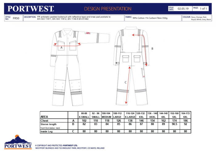 PORTWEST BIZFLAME FR50, Combinezon ignifug și antistatic (ESD) din bumbac și fibră carbon, 350 g/mp [2]