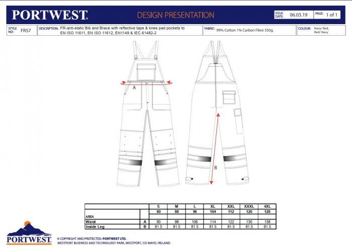 PORTWEST BIZFLAME - PLUS FR57, Pantaloni cu pieptar ignifugi, antistatici (ESD), din bumbac si fibră de carbon, 350 g/mp [3]