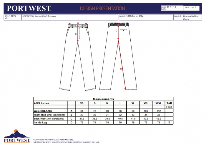 C075, Pantaloni Barnet pentru bucătari, din bumbac 100%, 190 g/mp [3]
