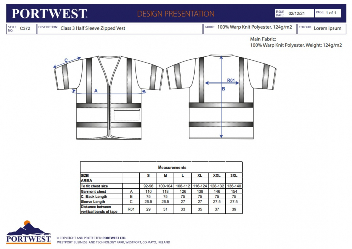 C372, Vestă cu fermoar cu jumătate de mânecă, din poliester, 124 g/mp [3]